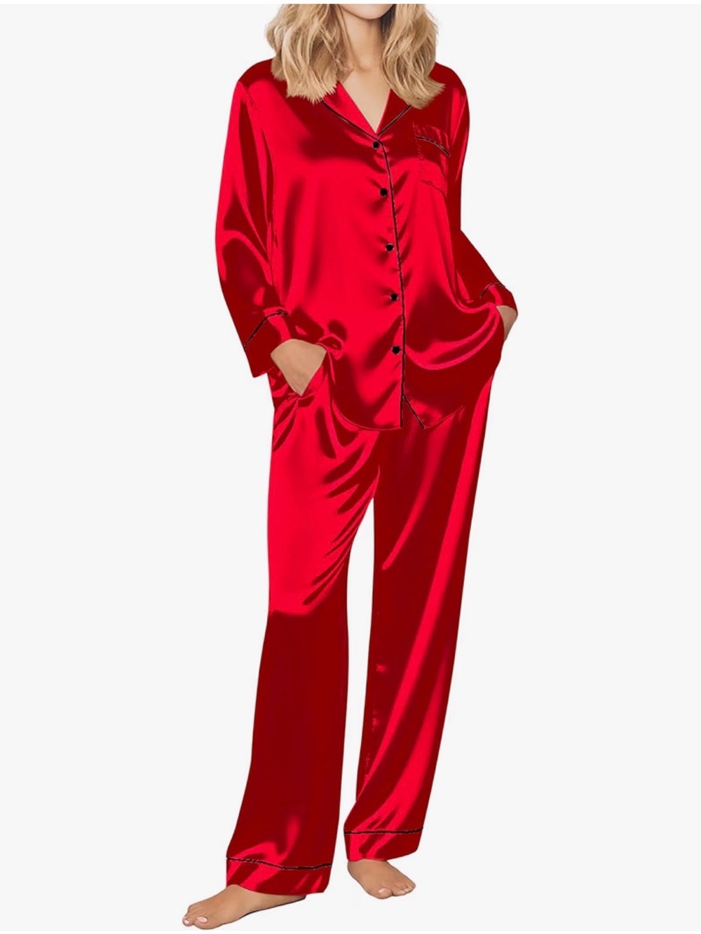 Women’s Satin Silky Button-Down Pajama Set Shirt & Pants Size XL Red Loungewear